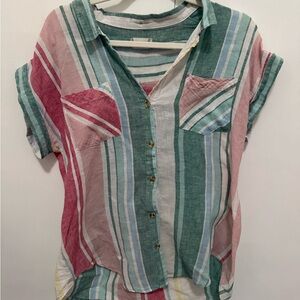 Altar’d State Multi-Colored Short Sleeve Button Down Blouse, Size Medium